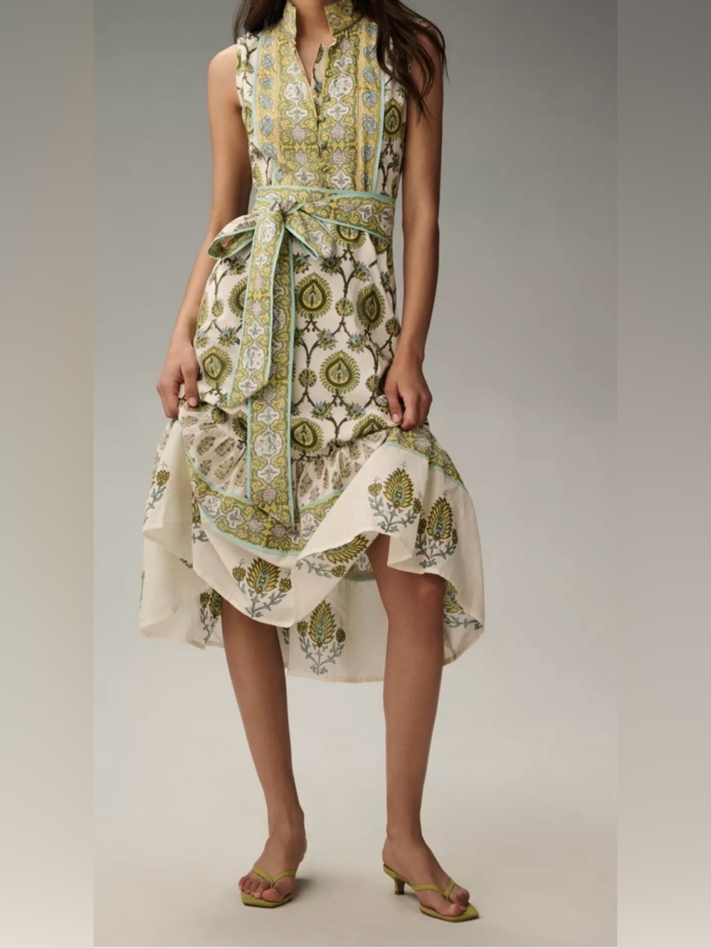 Sue Sartor Sleeveless Maxi Flouce Dress Vintage White, Green & Turquoise Thistle